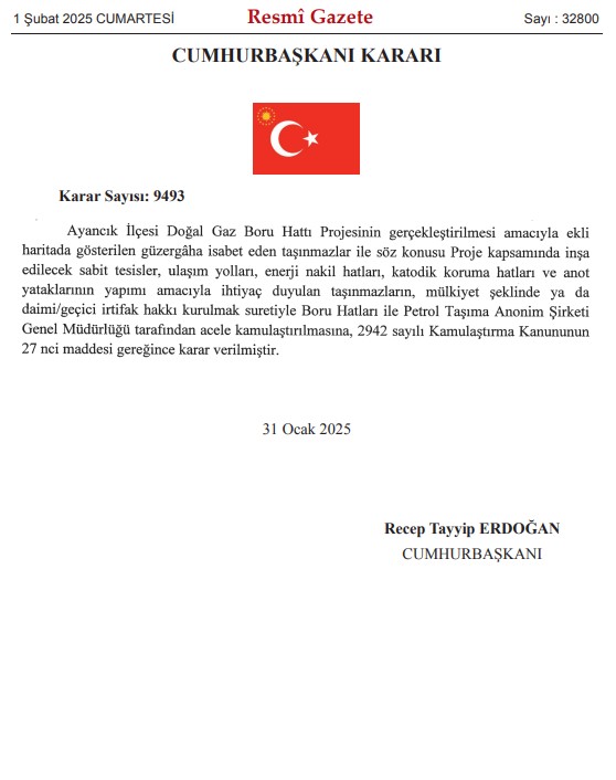 Ayancık Doğalgazı İçin Kamulaştırma Kararı